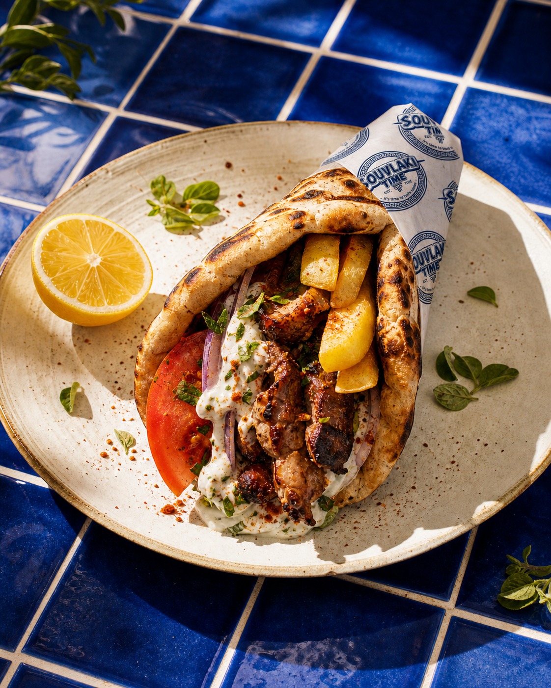 A Souvlaki Time souvlaki filled with charcoal-grilled meat, chips, tomato and tzatziki on a cobalt-tiled counter